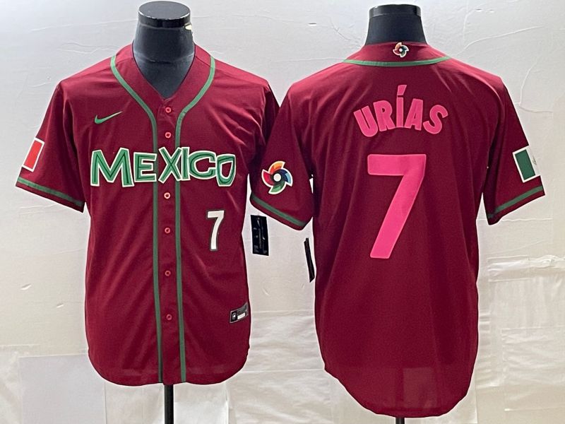 Men 2023 World Cub Mexico #7 Urias Red pink Nike MLB Jersey1